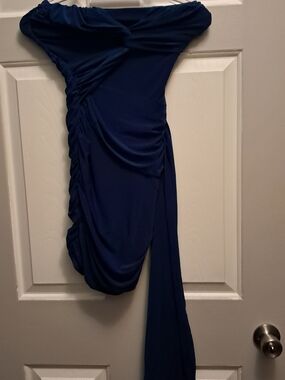 Fashion Nova Strapless Navy Blue Ruched Draped Dress